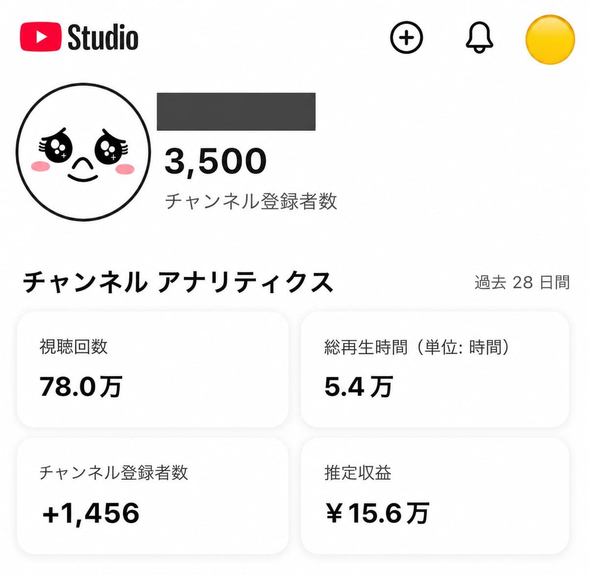 運営チャンネルのアナリティクス画面。登録者3,500人、過去28日間の視聴回数78.0万回、推定収益15.6万円
